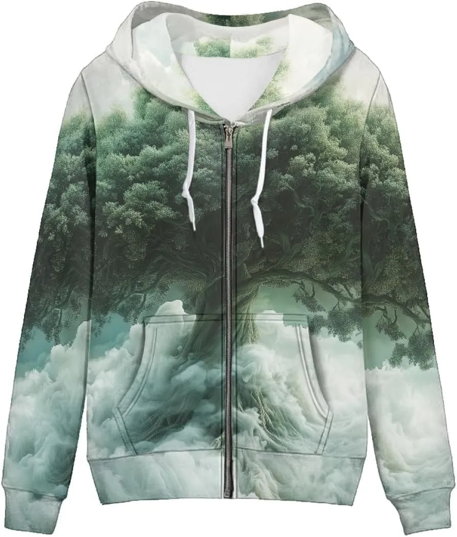GLUDEAR Women Life Tree Graphic Print Zip Up Hoodies Novelty Viking Long Sleeve Hooded Sweatshirts Oversized Jackets