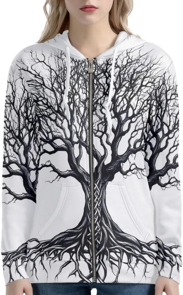 GLUDEAR Women Life Tree Graphic Print Zip Up Hoodies Novelty Viking Long Sleeve Hooded Sweatshirts Oversized Jackets