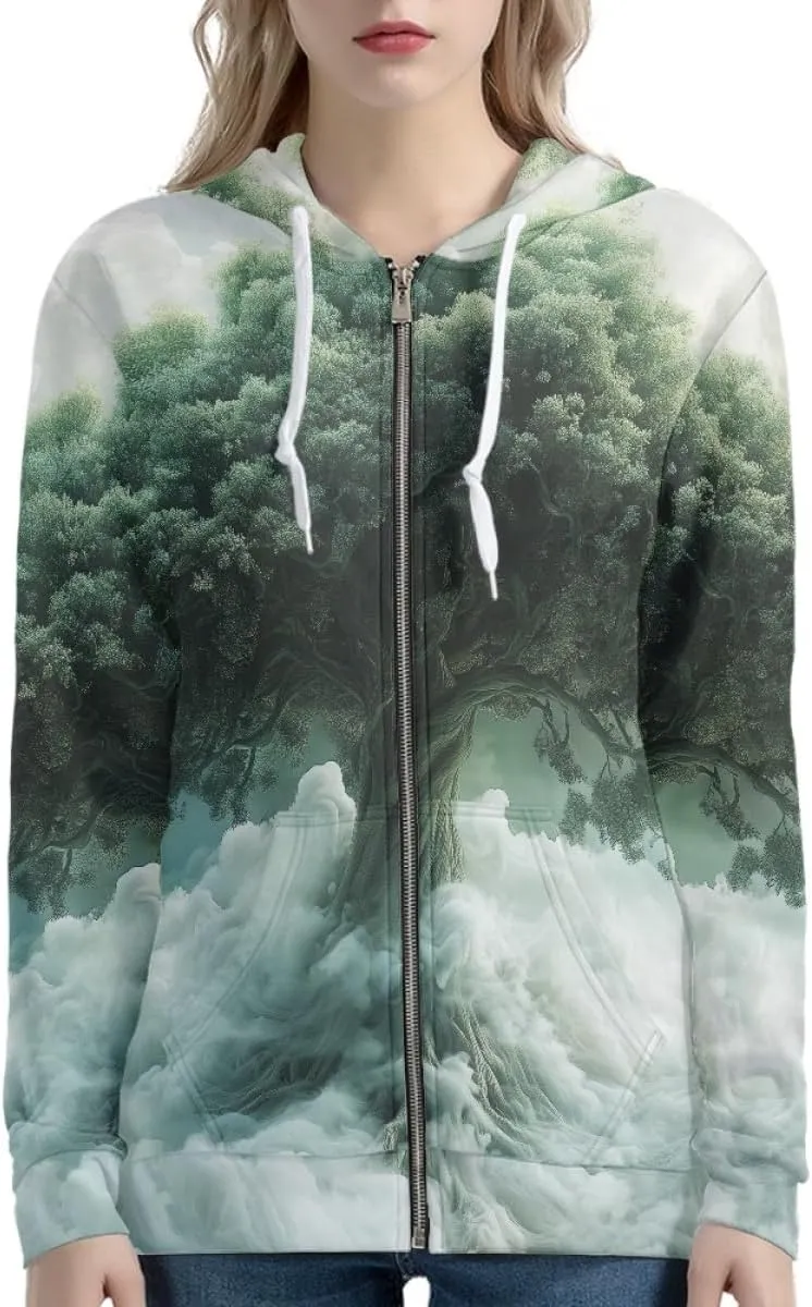 GLUDEAR Women Life Tree Graphic Print Zip Up Hoodies Novelty Viking Long Sleeve Hooded Sweatshirts Oversized Jackets