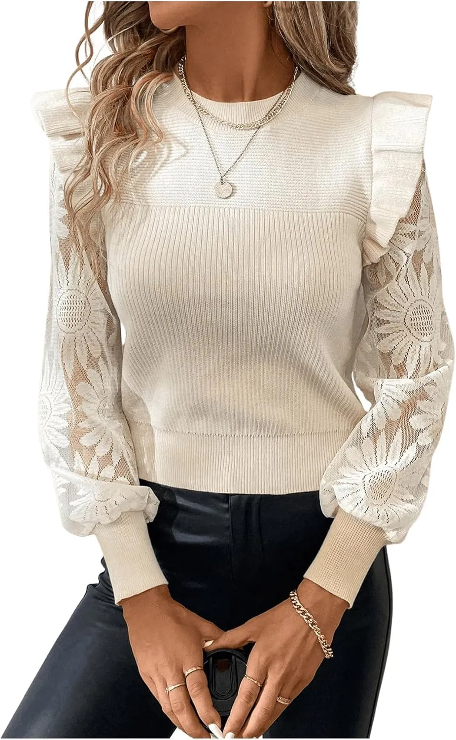 GORGLITTER Women's Floral Mesh Puff Sleeve Sweater Crewneck Ruffle Trim Elegant Tops