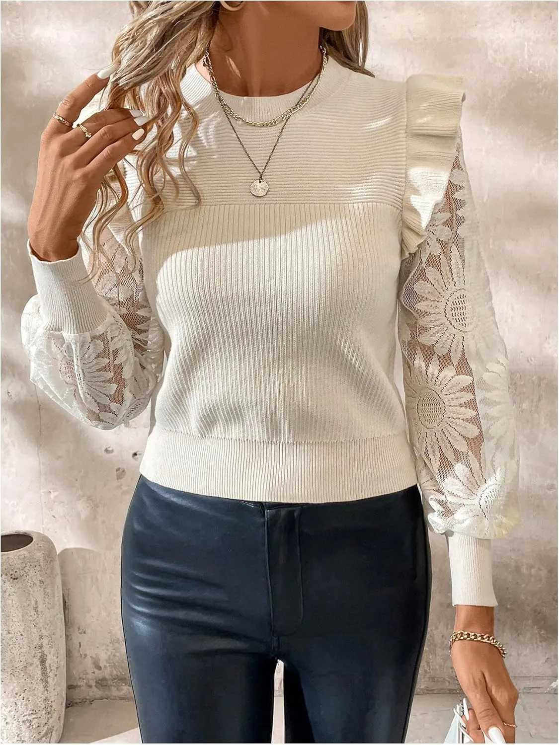 GORGLITTER Women's Floral Mesh Puff Sleeve Sweater Crewneck Ruffle Trim Elegant Tops
