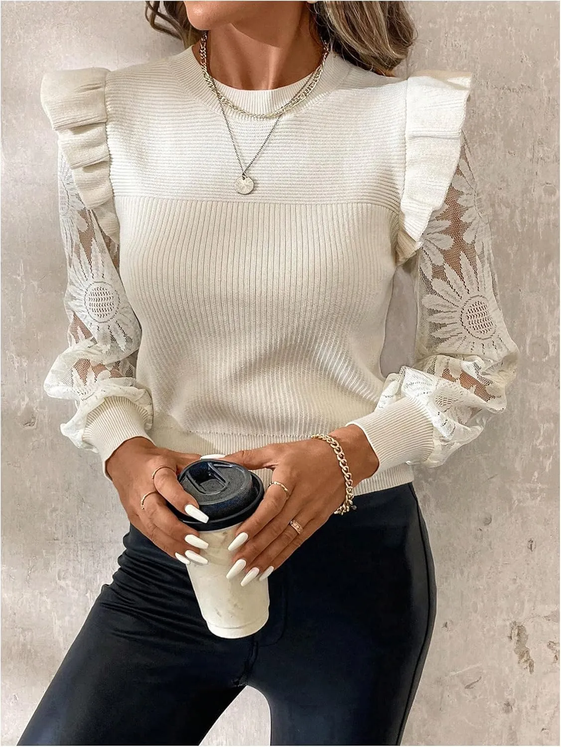 GORGLITTER Women's Floral Mesh Puff Sleeve Sweater Crewneck Ruffle Trim Elegant Tops