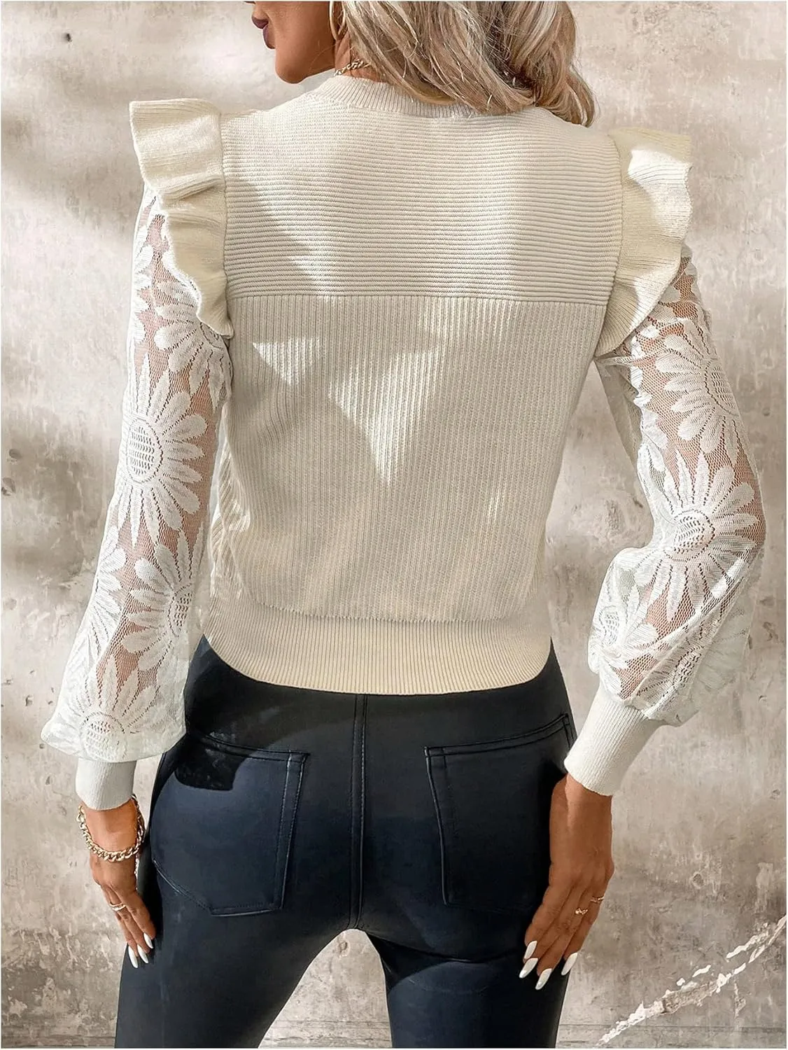 GORGLITTER Women's Floral Mesh Puff Sleeve Sweater Crewneck Ruffle Trim Elegant Tops