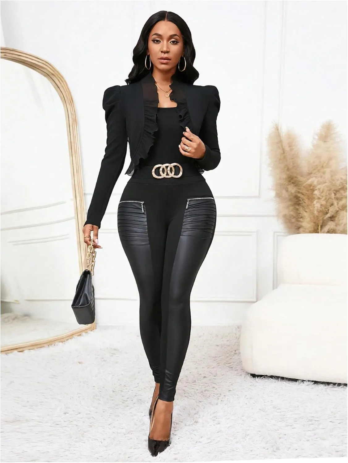 GORGLITTER Women's Ruffle Cropped Blazer Jacket Business Casual Open Front Puff Long Sleeve Bolero Jackets