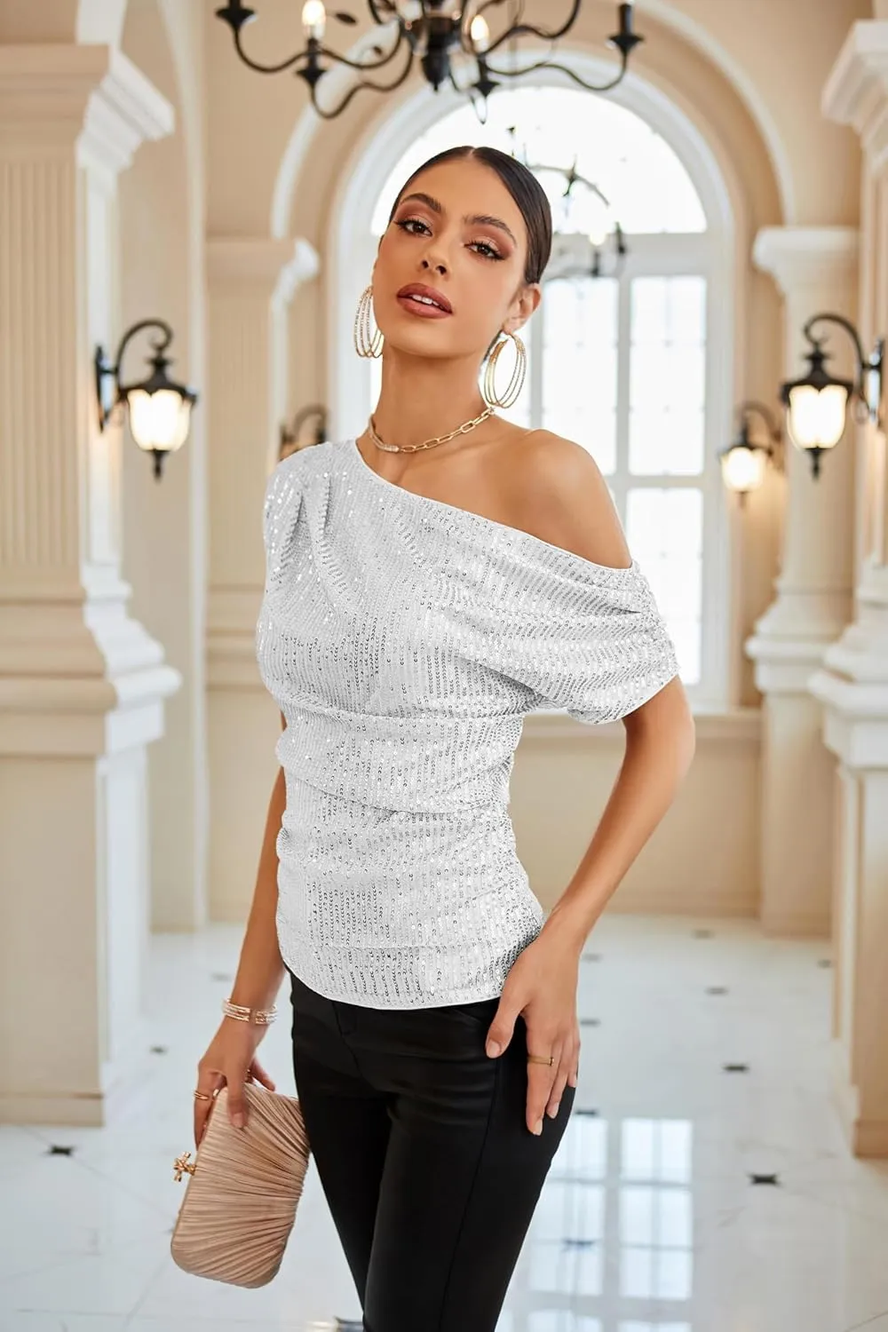 GRACE KARIN One Shoulder Sequin Sparkly Tops for Women Ruched Asymmetrical Glitter Tops Slimming Sparkle Party Shirts