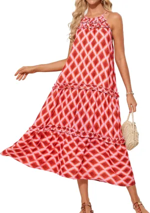 GRACE KARIN Women's Maxi Boho Dress Casual Summer Loose Long Floral Sundresses Flowy Halter Tiered Beach Vacation Outfits