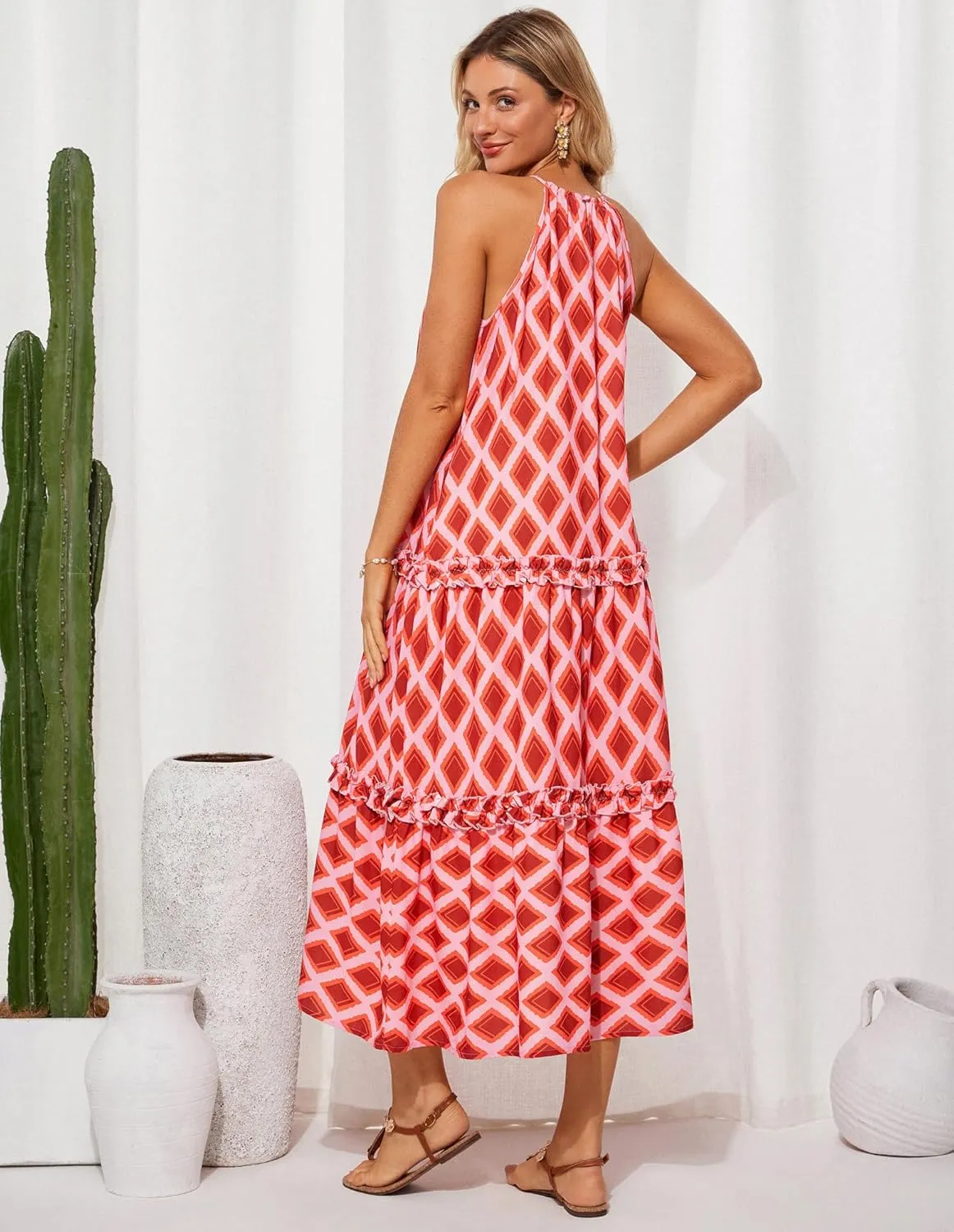 GRACE KARIN Women's Maxi Boho Dress Casual Summer Loose Long Floral Sundresses Flowy Halter Tiered Beach Vacation Outfits