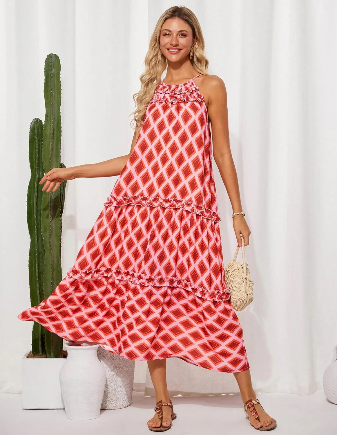 GRACE KARIN Women's Maxi Boho Dress Casual Summer Loose Long Floral Sundresses Flowy Halter Tiered Beach Vacation Outfits