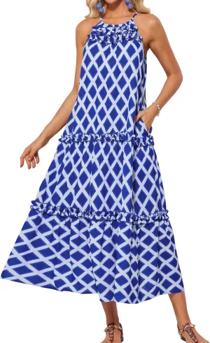 GRACE KARIN Women's Maxi Boho Dress Casual Summer Loose Long Floral Sundresses Flowy Halter Tiered Beach Vacation Outfits