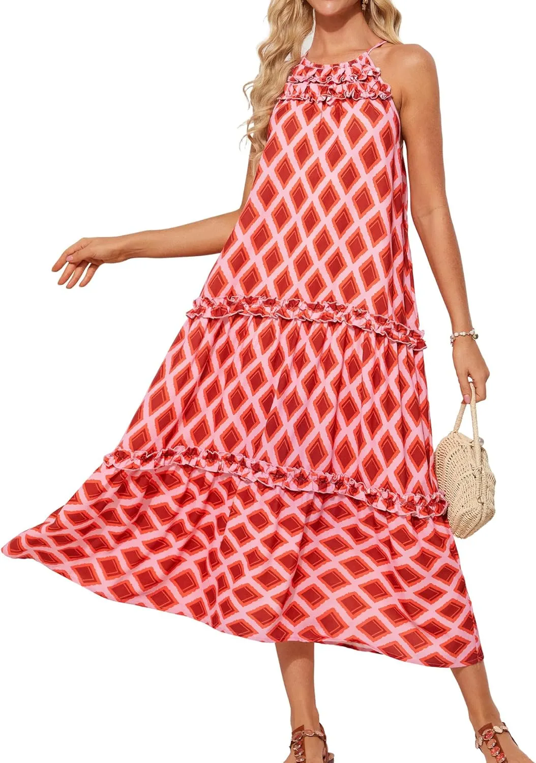 GRACE KARIN Women's Maxi Boho Dress Casual Summer Loose Long Floral Sundresses Flowy Halter Tiered Beach Vacation Outfits
