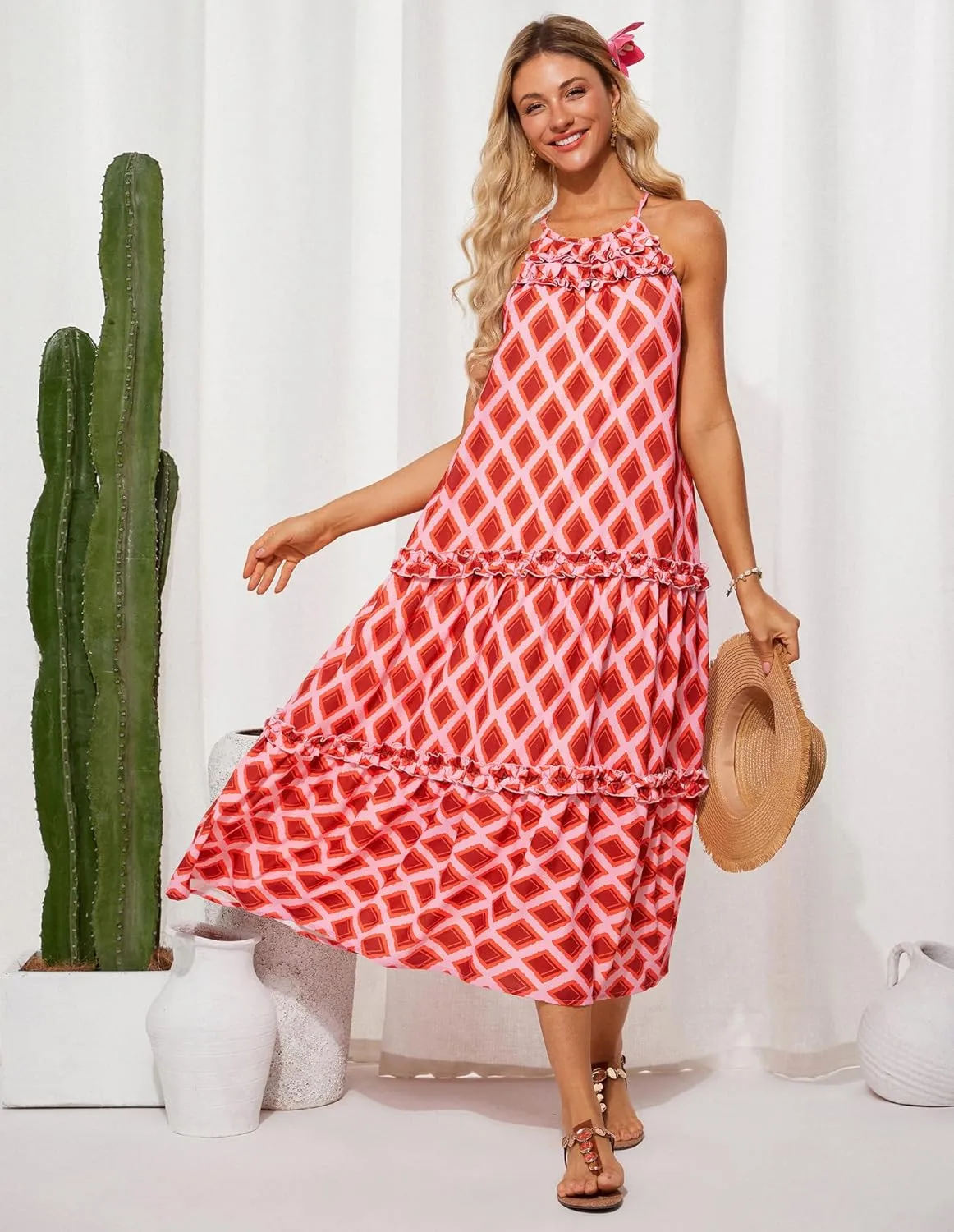GRACE KARIN Women's Maxi Boho Dress Casual Summer Loose Long Floral Sundresses Flowy Halter Tiered Beach Vacation Outfits
