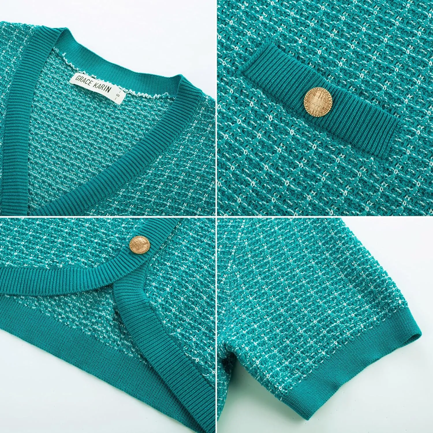 GRACE KARIN Womens Summer Cardigan Sweater 2025 Button Down Short Sleeve Cropped Lightweight V Neck Elegant Tweed Tops