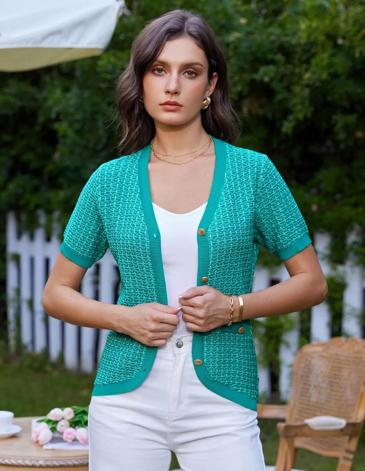 GRACE KARIN Womens Summer Cardigan Sweater 2025 Button Down Short Sleeve Cropped Lightweight V Neck Elegant Tweed Tops