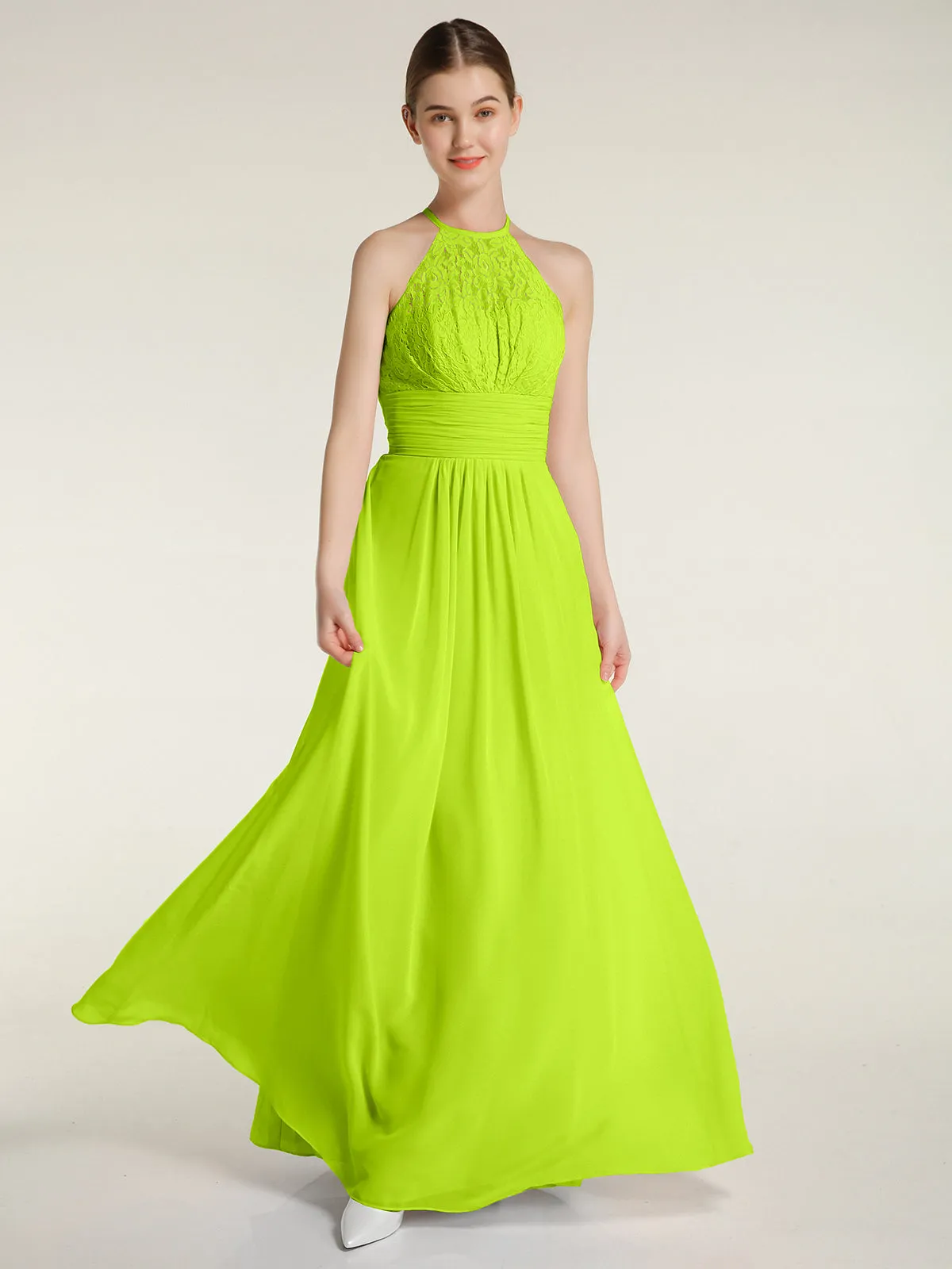 Halter Chiffon And Lace Long Dresses Lime Green