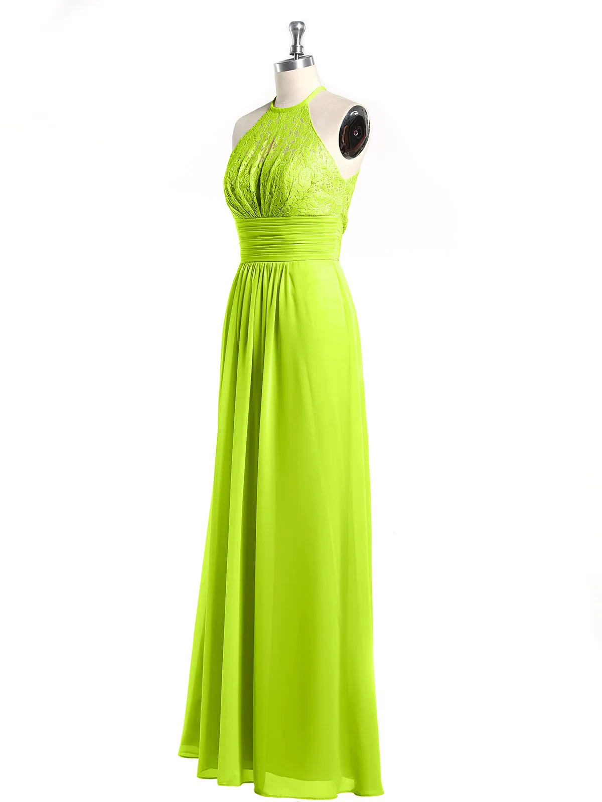 Halter Chiffon And Lace Long Dresses Lime Green