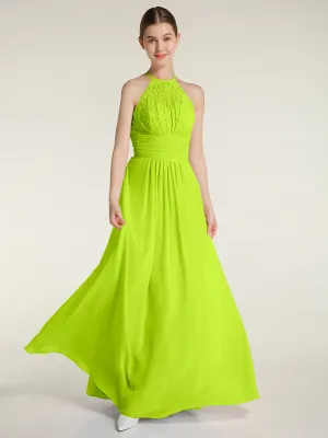 Halter Chiffon And Lace Long Dresses Lime Green