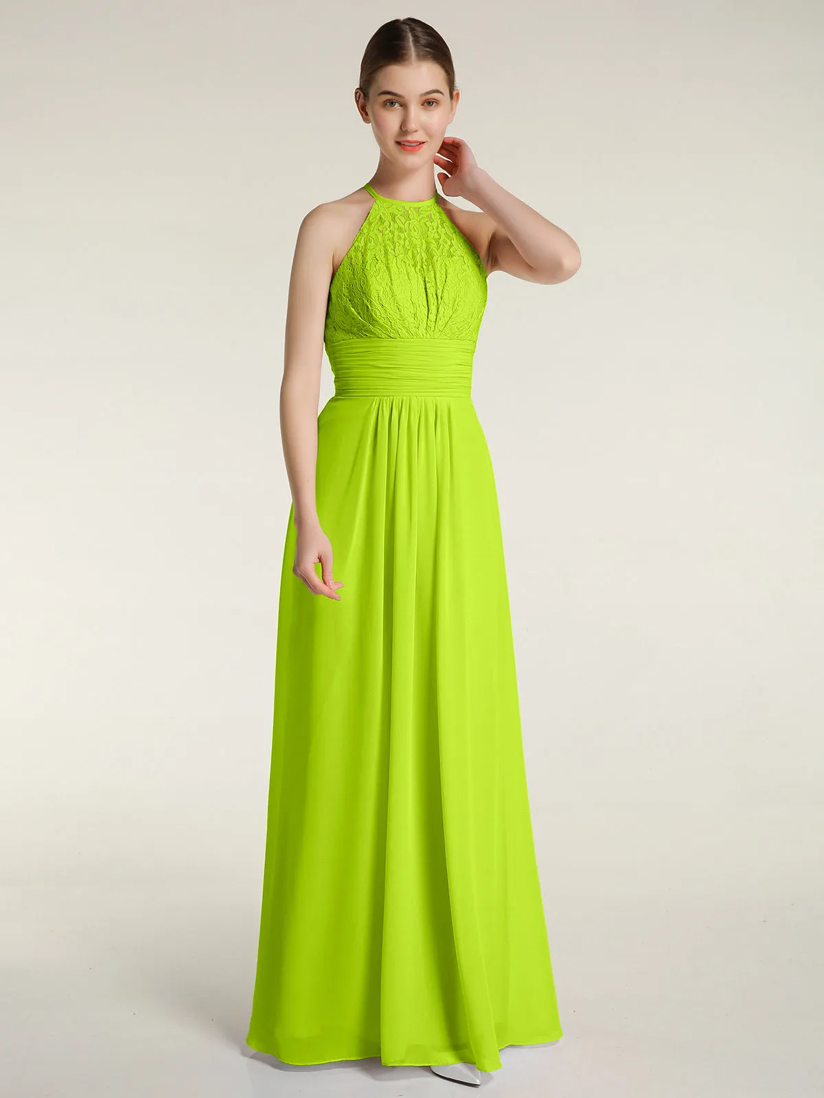 Halter Chiffon And Lace Long Dresses Lime Green