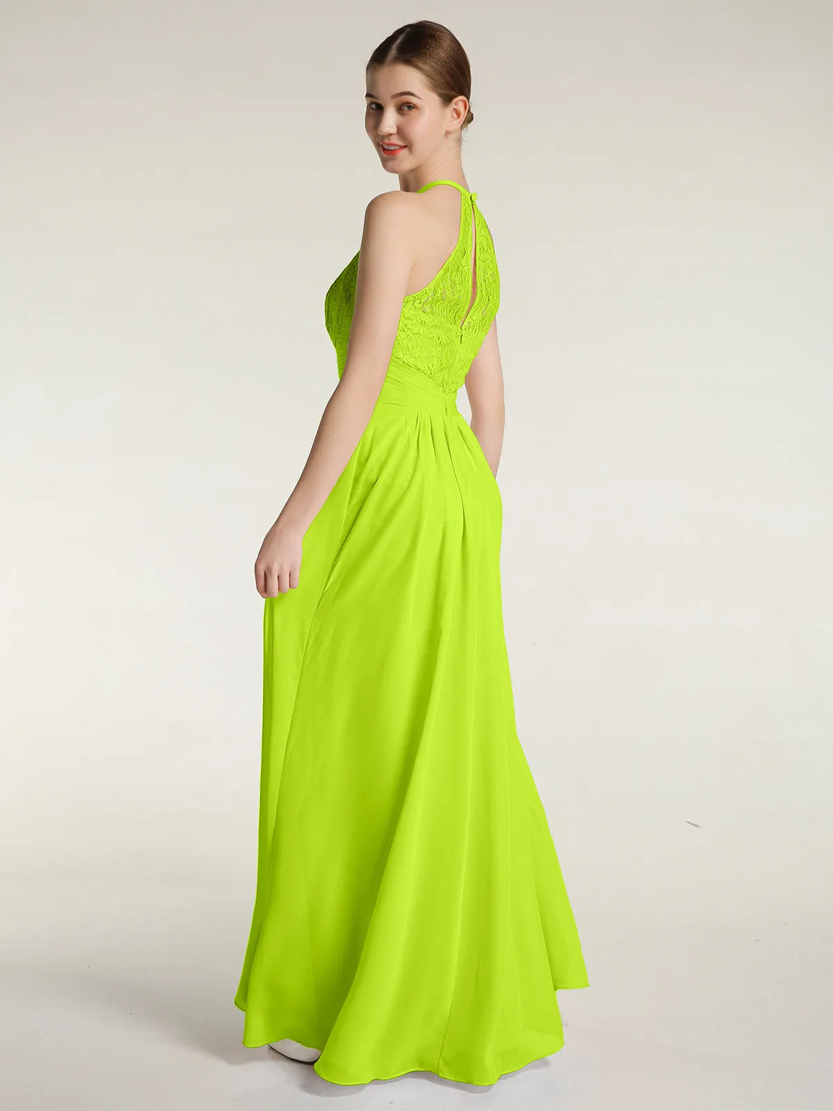 Halter Chiffon And Lace Long Dresses Lime Green