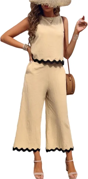 HangNiFang Womens Summer 2 Piece Outfits Sleeveless Cropped Tank Button Back Top Capri Wide Leg Pant Linen Set