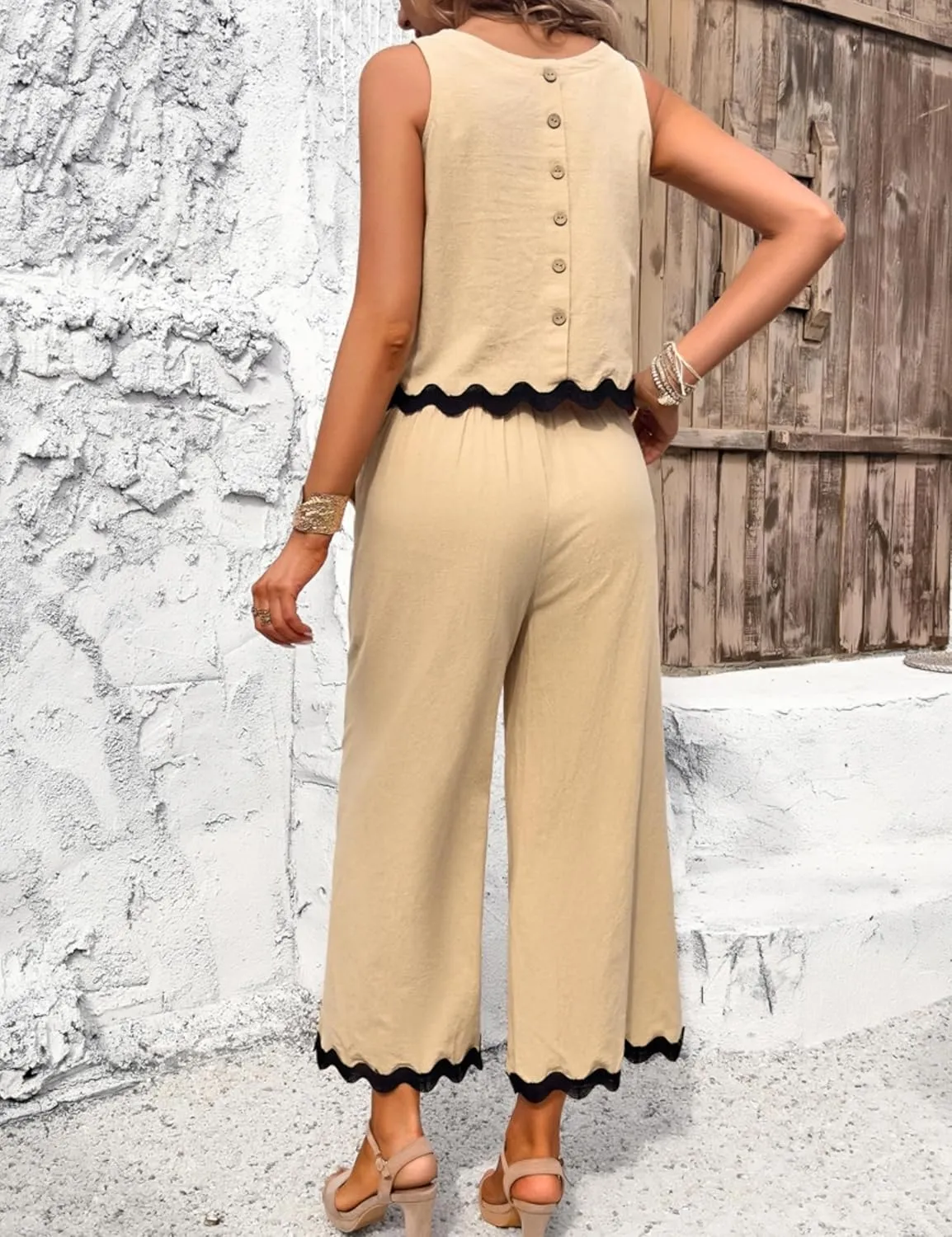 HangNiFang Womens Summer 2 Piece Outfits Sleeveless Cropped Tank Button Back Top Capri Wide Leg Pant Linen Set