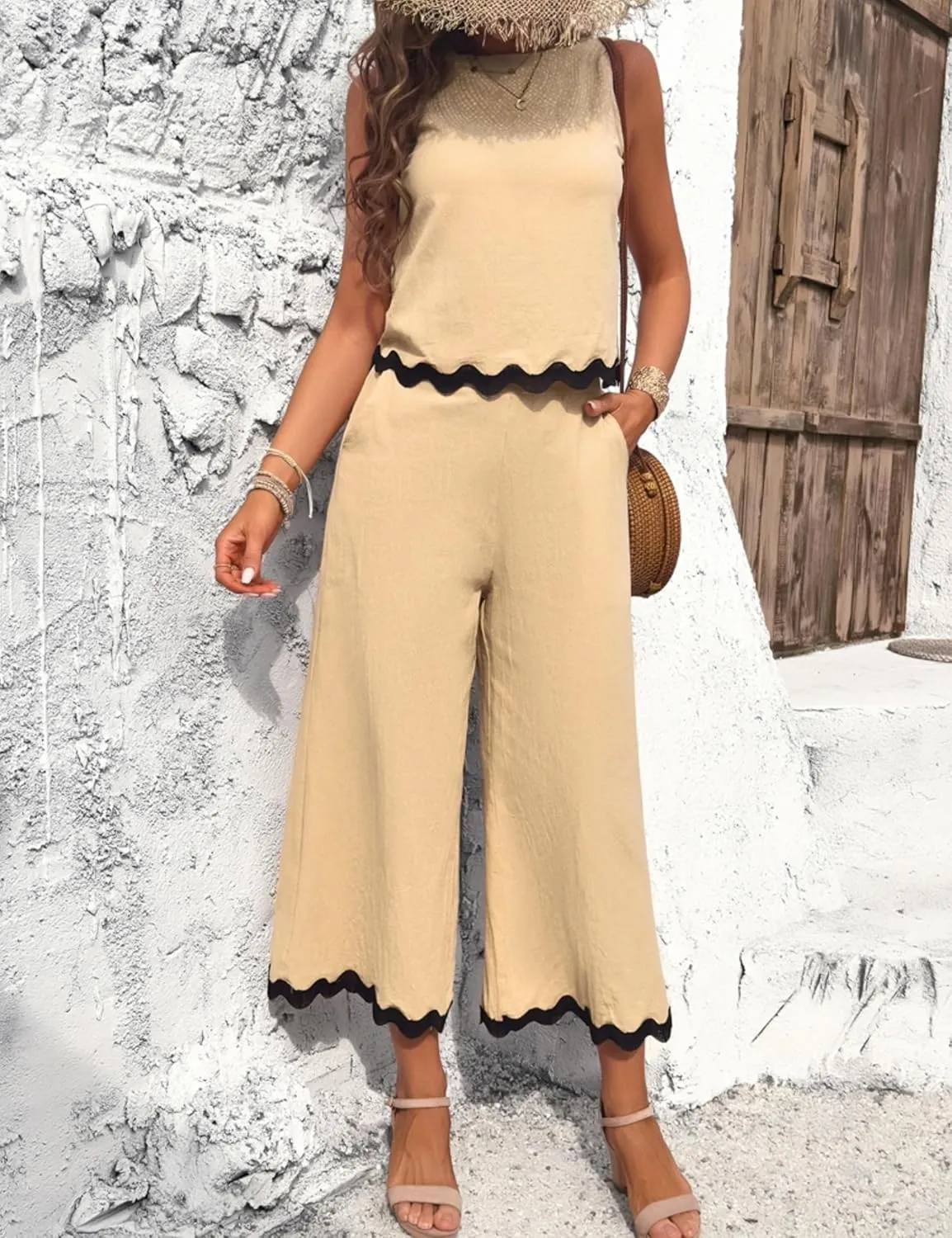 HangNiFang Womens Summer 2 Piece Outfits Sleeveless Cropped Tank Button Back Top Capri Wide Leg Pant Linen Set