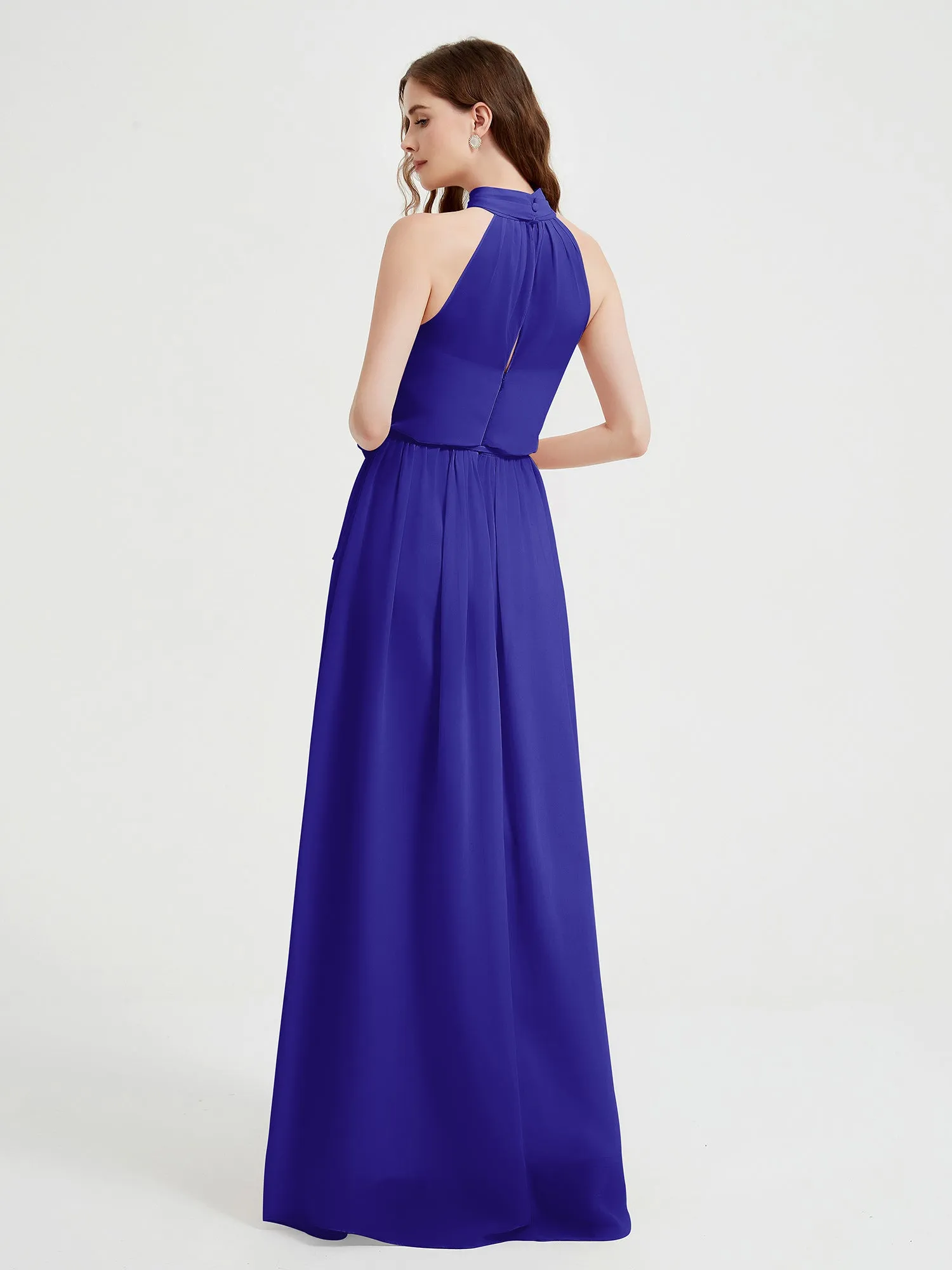 High Neck Chiffon Dresses with Slit and Sash Bow-Royal Blue Plus Size