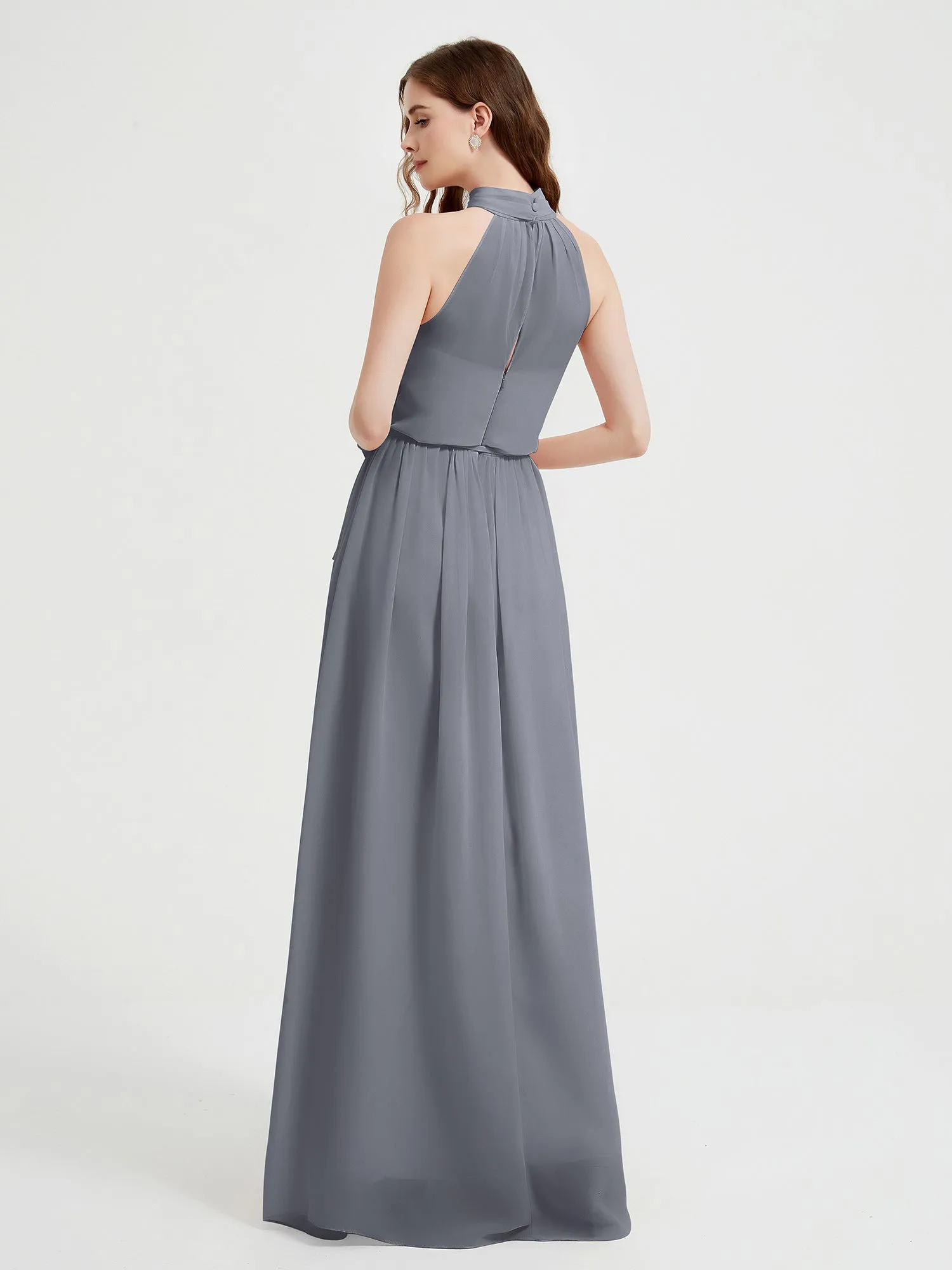 High Neck Chiffon Dresses with Slit and Sash Bow-Steel Grey Plus Size