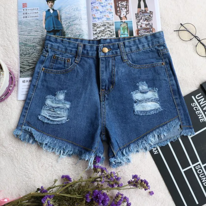 High Waist Pure Color Cut Hole Denim Shorts