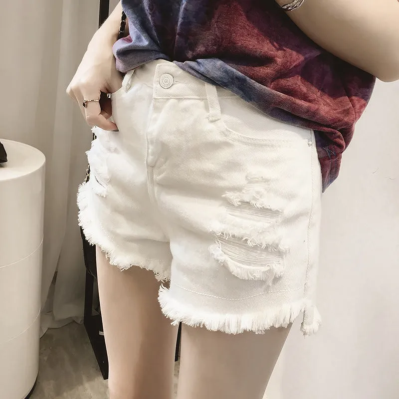 High Waist Pure Color Cut Hole Denim Shorts