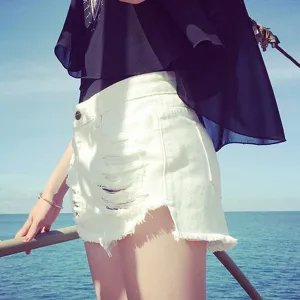High Waist Pure Color Cut Hole Denim Shorts