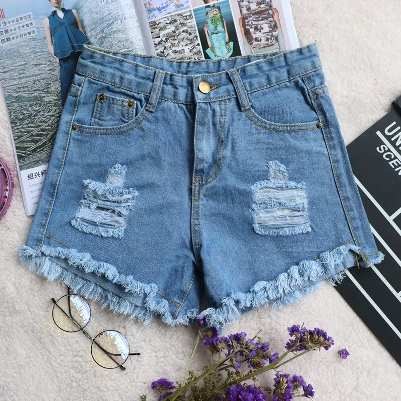 High Waist Pure Color Cut Hole Denim Shorts