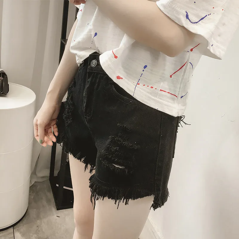 High Waist Pure Color Cut Hole Denim Shorts