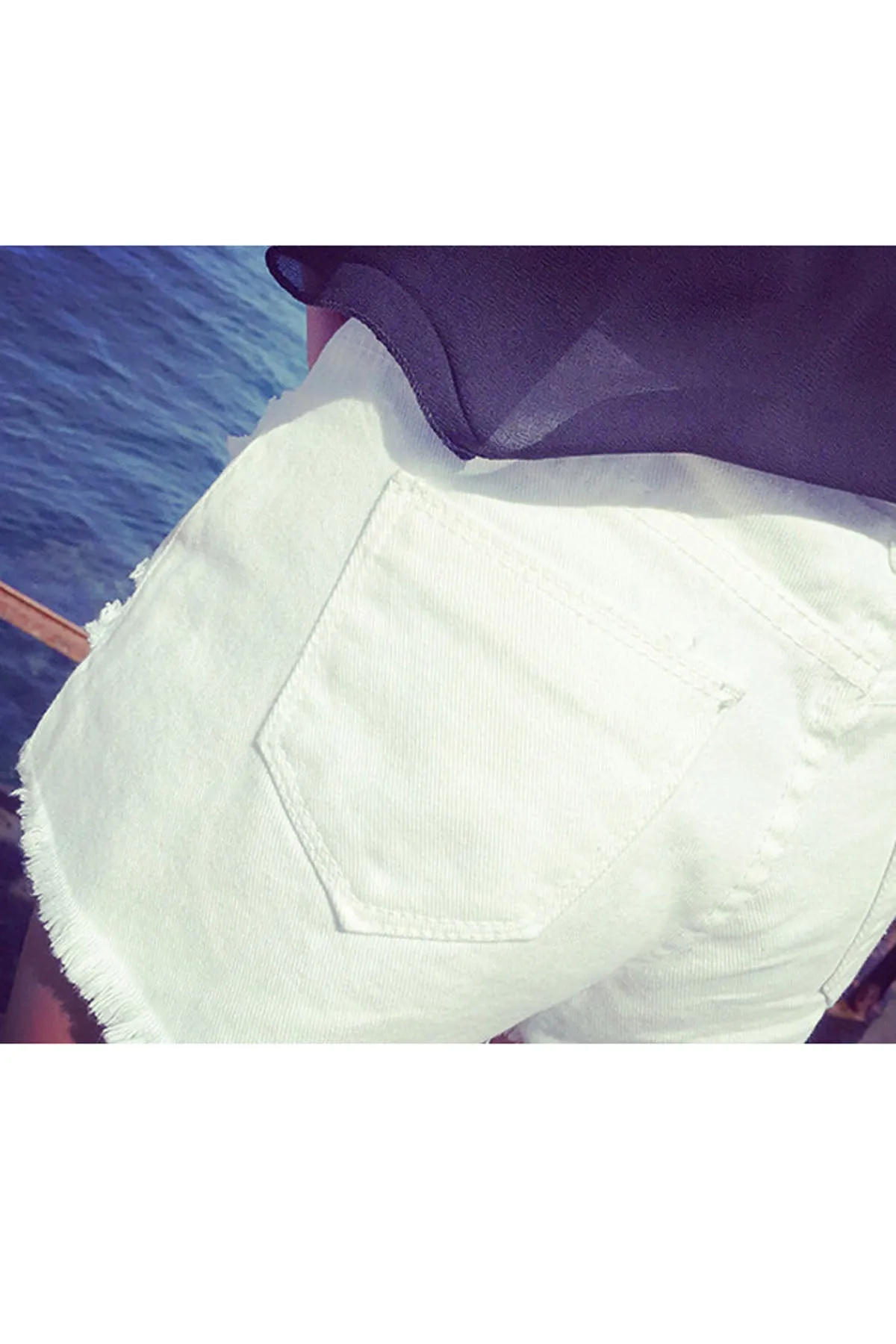 High Waist Pure Color Cut Hole Denim Shorts