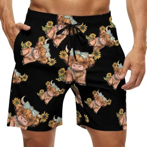 Highland Cow With Sunflowers Men's Swim Trunks Quick Dry Board Shorts Breathable Summer Beach Shorts Bathing Suits