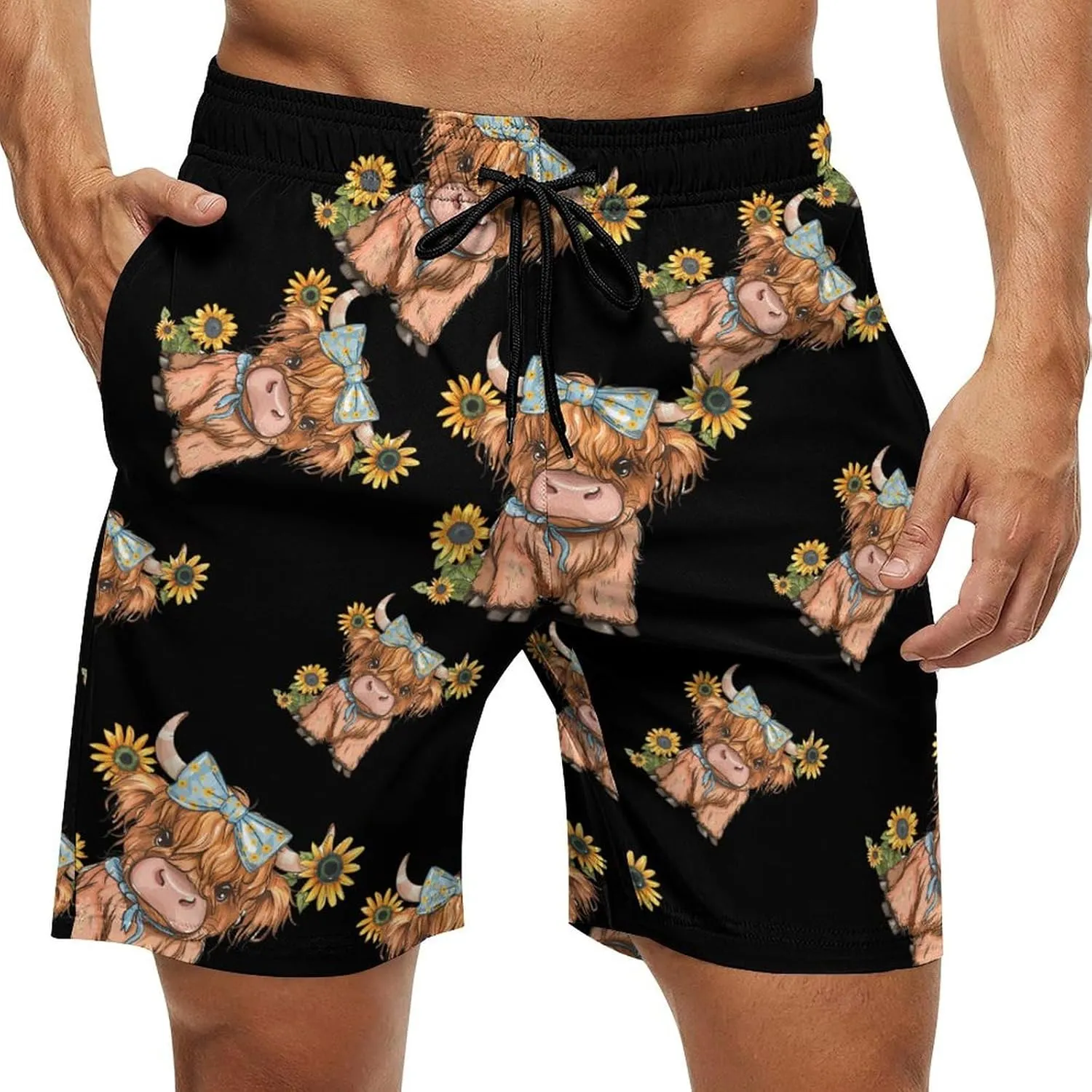 Highland Cow With Sunflowers Men's Swim Trunks Quick Dry Board Shorts Breathable Summer Beach Shorts Bathing Suits