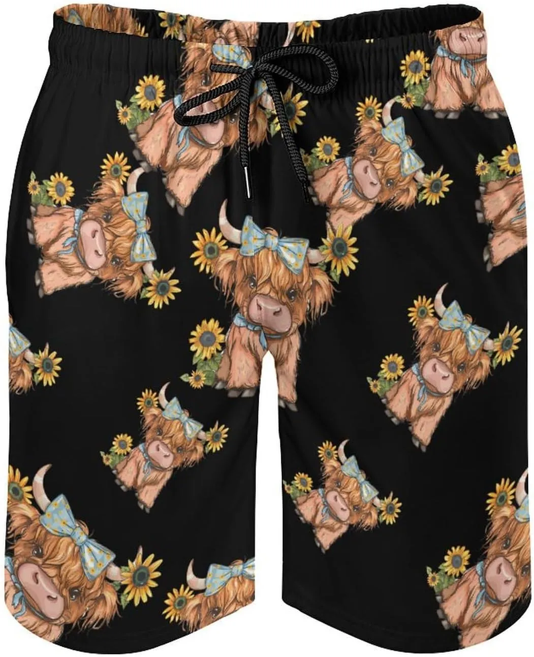 Highland Cow With Sunflowers Men's Swim Trunks Quick Dry Board Shorts Breathable Summer Beach Shorts Bathing Suits