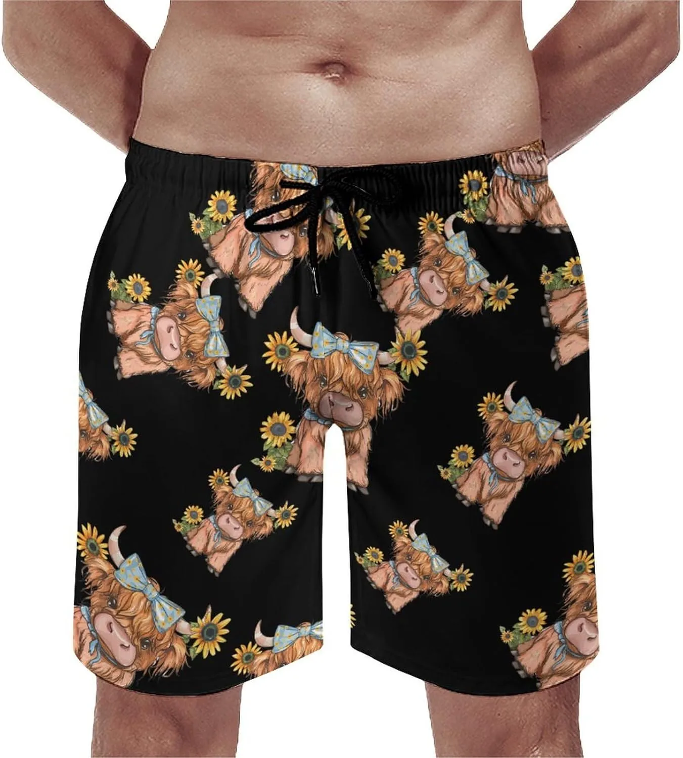 Highland Cow With Sunflowers Men's Swim Trunks Quick Dry Board Shorts Breathable Summer Beach Shorts Bathing Suits