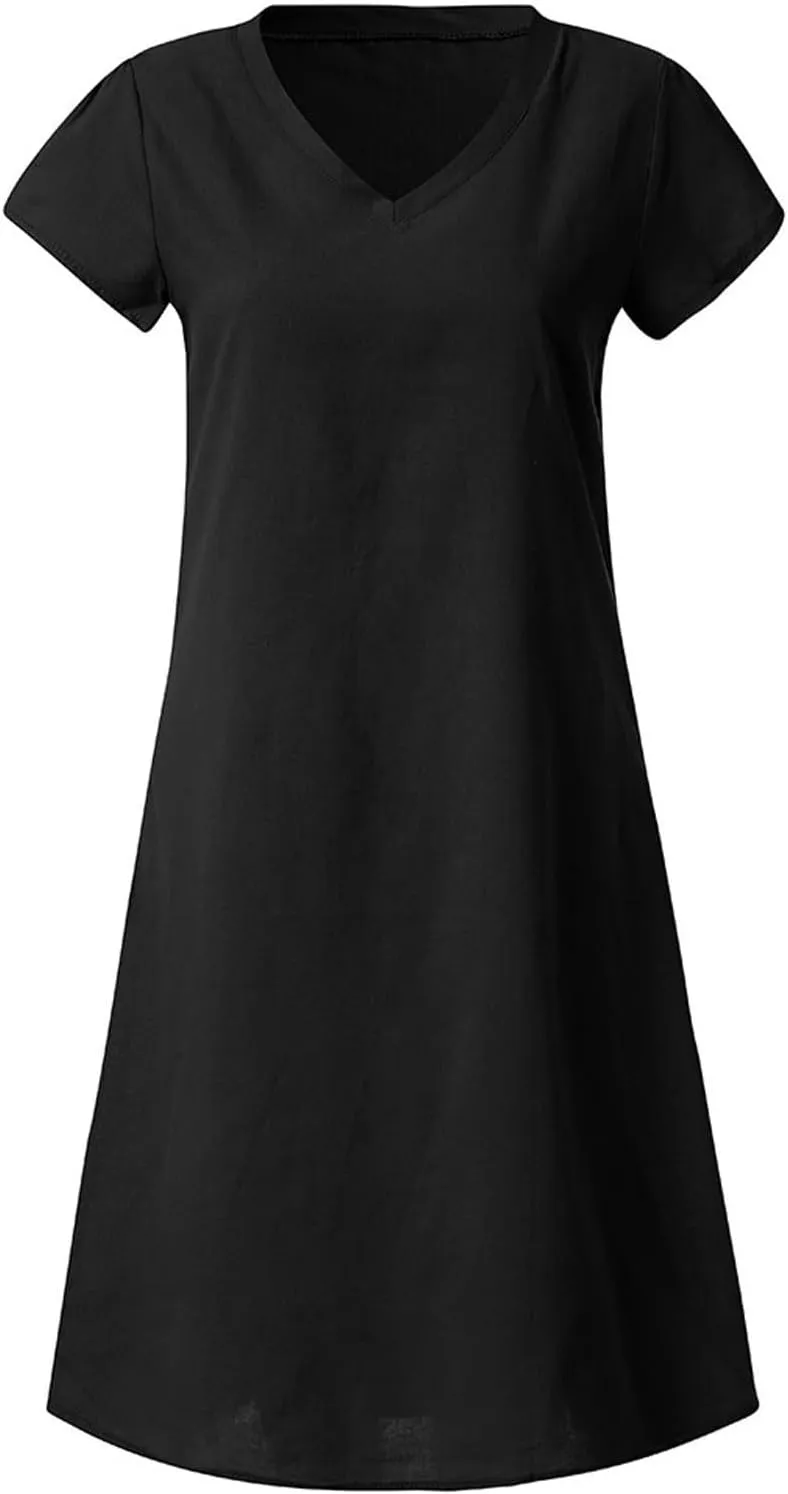 hlysgo Mini Dress for Women 2025 Summer Loose Comfy Cotton Linen Beach Dresses Plus Size Short Sleeve V Neck Casual Dress