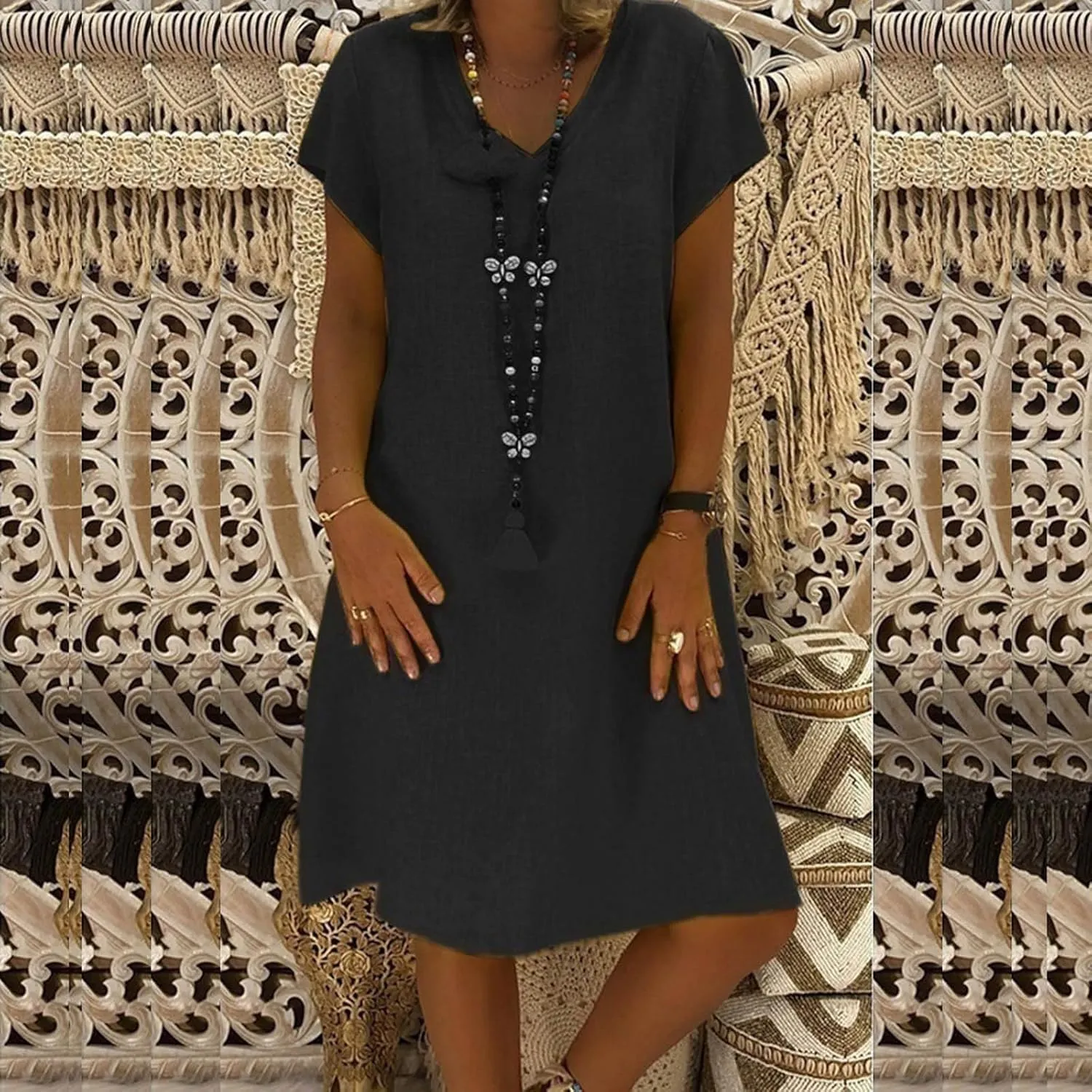 hlysgo Mini Dress for Women 2025 Summer Loose Comfy Cotton Linen Beach Dresses Plus Size Short Sleeve V Neck Casual Dress