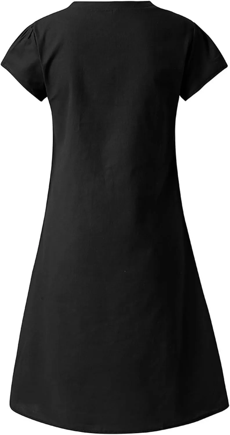 hlysgo Mini Dress for Women 2025 Summer Loose Comfy Cotton Linen Beach Dresses Plus Size Short Sleeve V Neck Casual Dress