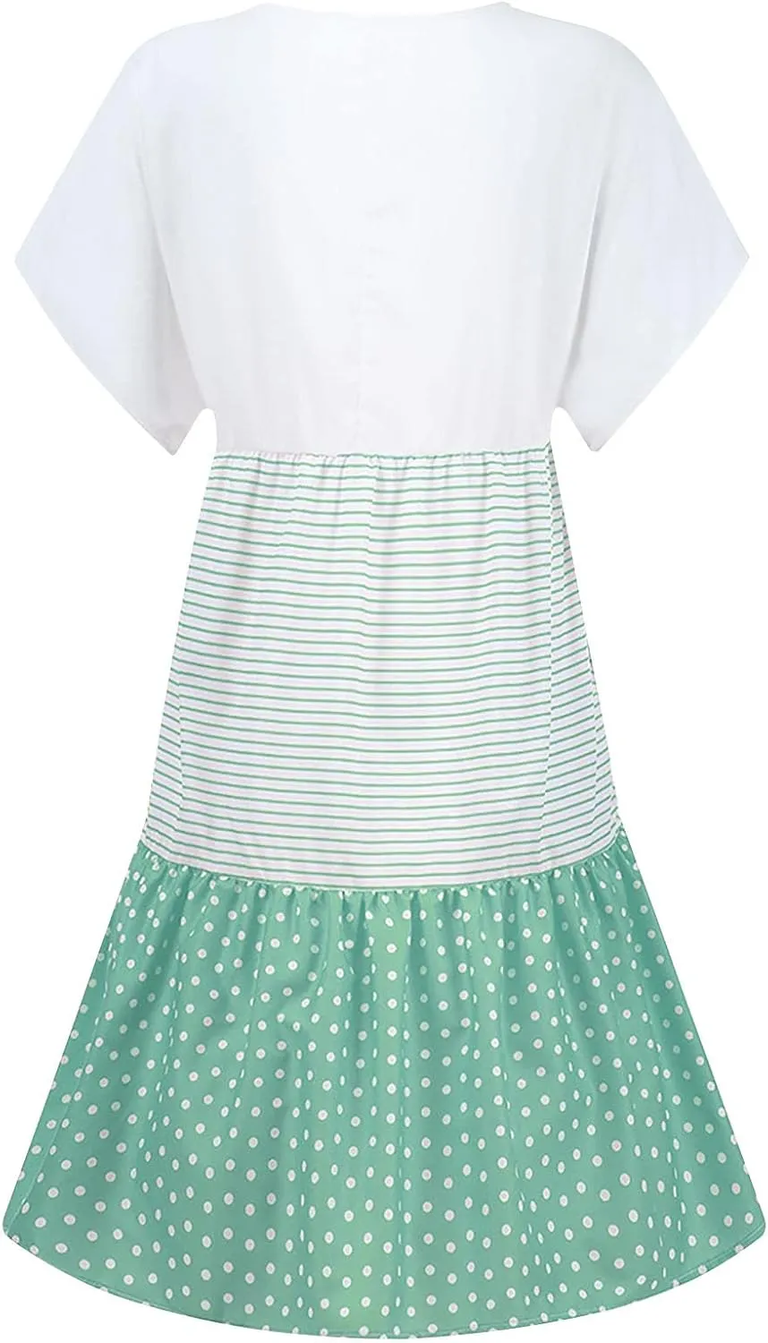 hlysgo Summer Dresses for Women Plus Size Short Sleeve V Neck Mini Dress Trendy Polka Dots Stripes Knee Length Peplum Dress