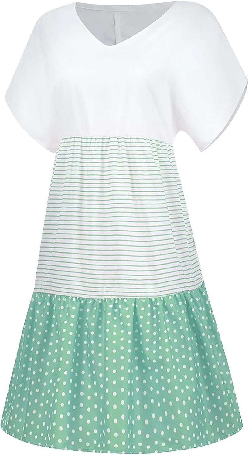 hlysgo Summer Dresses for Women Plus Size Short Sleeve V Neck Mini Dress Trendy Polka Dots Stripes Knee Length Peplum Dress