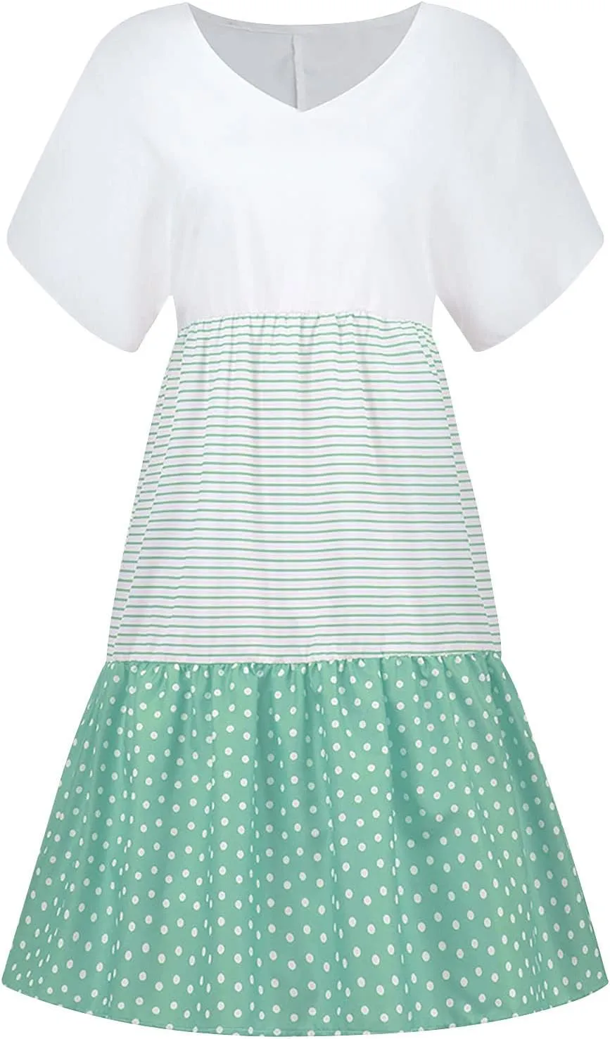 hlysgo Summer Dresses for Women Plus Size Short Sleeve V Neck Mini Dress Trendy Polka Dots Stripes Knee Length Peplum Dress