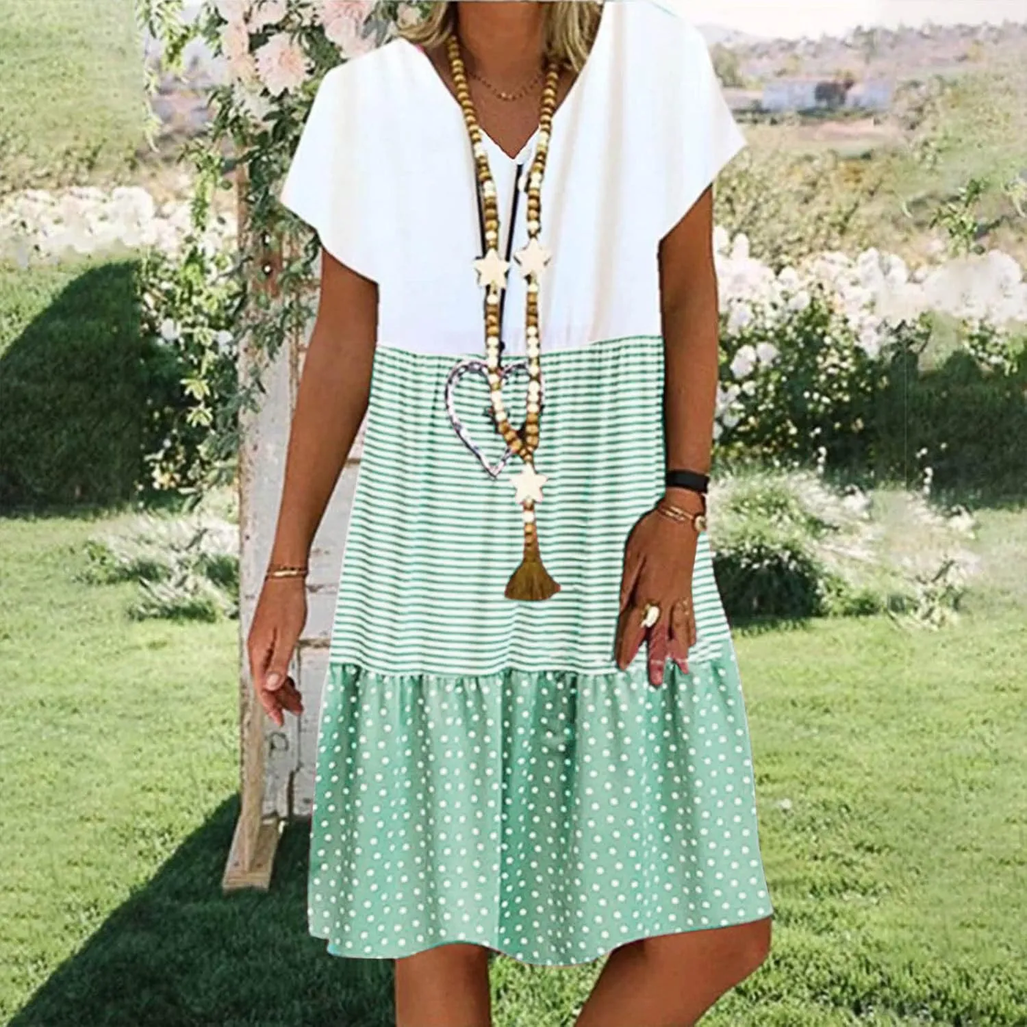 hlysgo Summer Dresses for Women Plus Size Short Sleeve V Neck Mini Dress Trendy Polka Dots Stripes Knee Length Peplum Dress