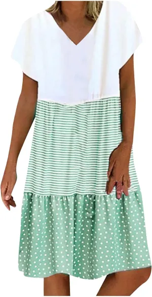 hlysgo Summer Dresses for Women Plus Size Short Sleeve V Neck Mini Dress Trendy Polka Dots Stripes Knee Length Peplum Dress