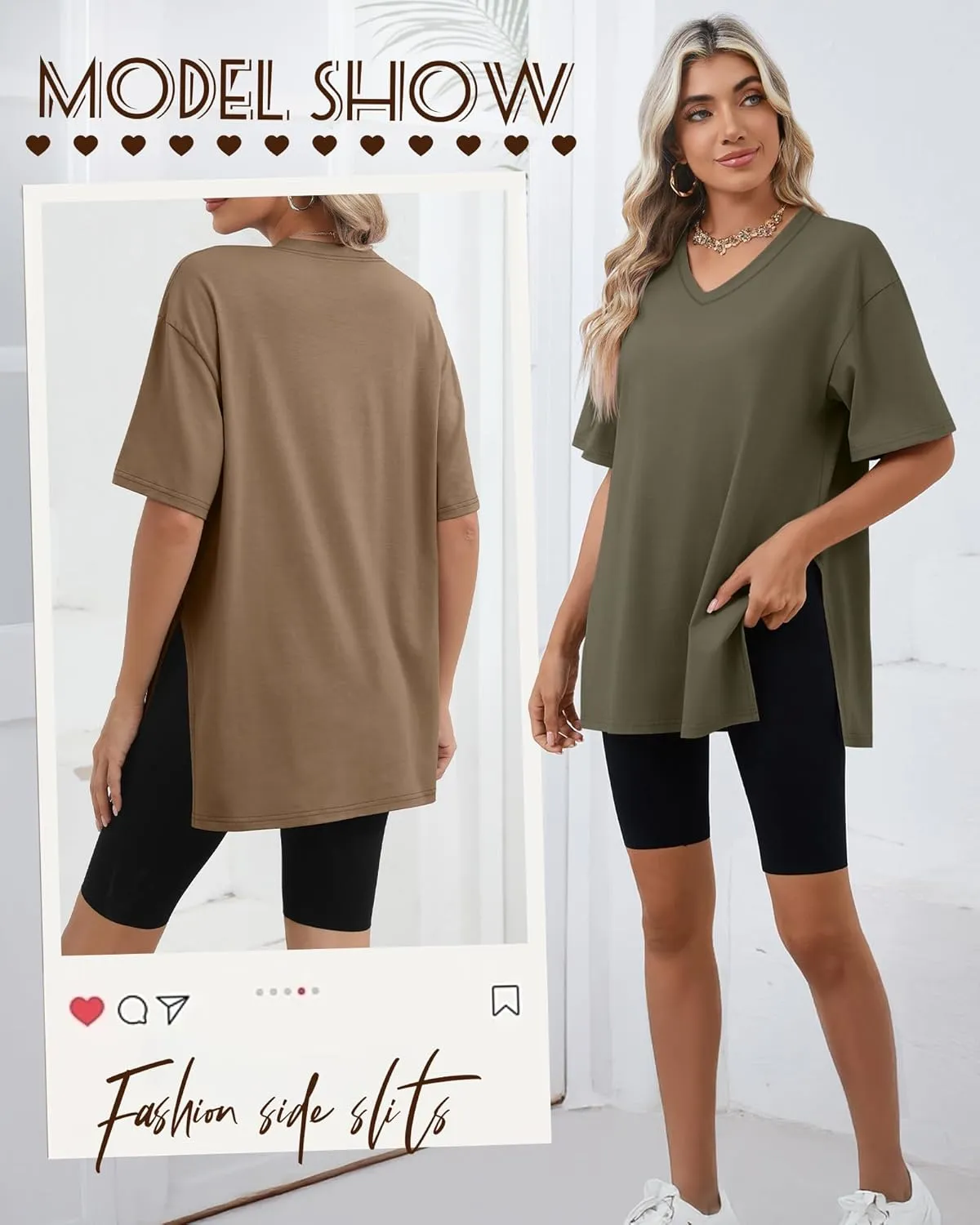 Huukeay 3 Pack Oversized Shirts for Women V Neck Workout T Shirt Casual Side Split Tee Short Sleeve Loose Tops Tunic Tops