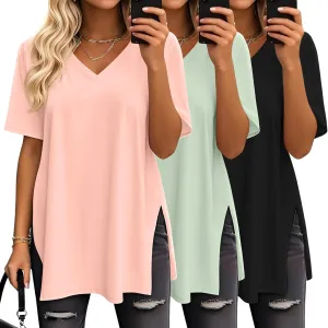 Huukeay 3 Pack Oversized Shirts for Women V Neck Workout T Shirt Casual Side Split Tee Short Sleeve Loose Tops Tunic Tops