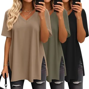 Huukeay 3 Pack Oversized Shirts for Women V Neck Workout T Shirt Casual Side Split Tee Short Sleeve Loose Tops Tunic Tops
