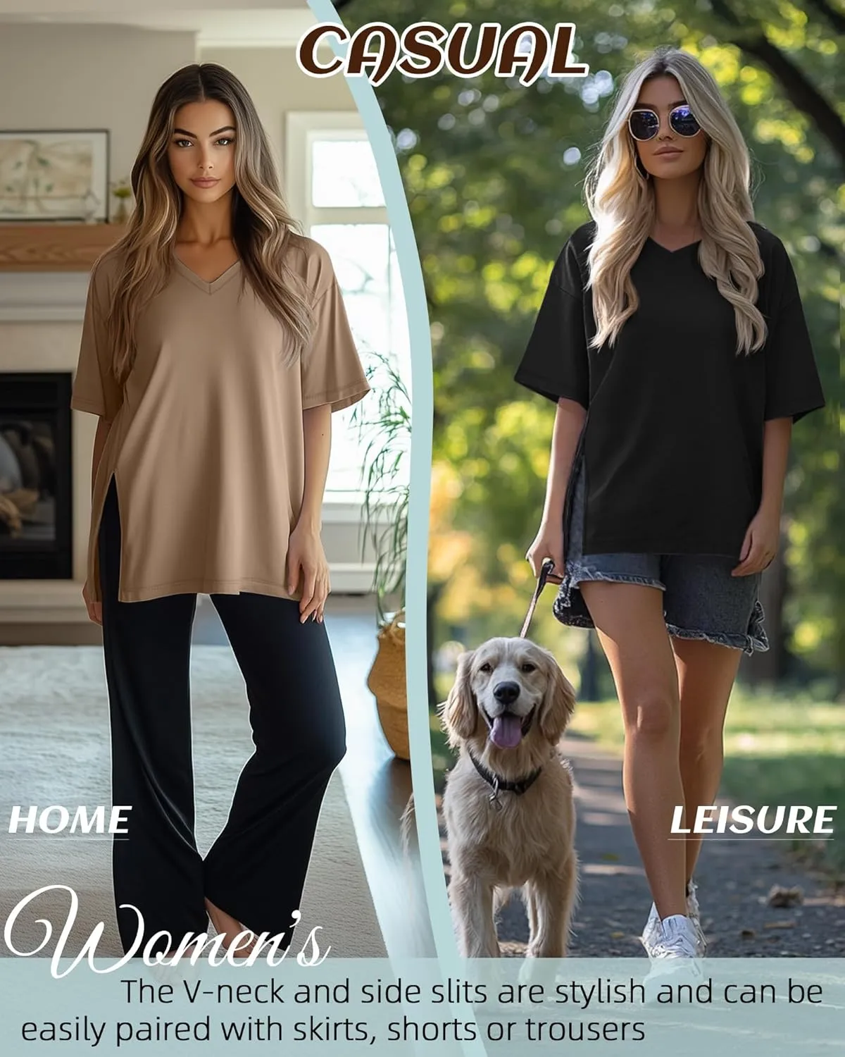 Huukeay 3 Pack Oversized Shirts for Women V Neck Workout T Shirt Casual Side Split Tee Short Sleeve Loose Tops Tunic Tops