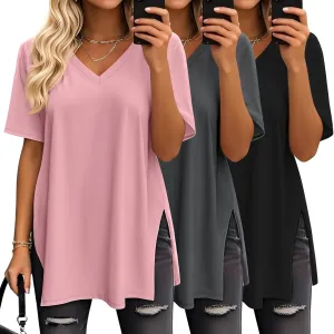 Huukeay 3 Pack Oversized Shirts for Women V Neck Workout T Shirt Casual Side Split Tee Short Sleeve Loose Tops Tunic Tops